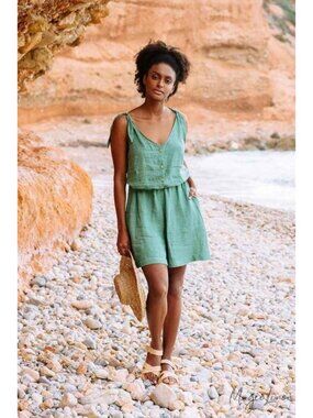 NWOT Magic Linen Mendocino 100% Linen Jumpsuit Romper in Matcha Green SMALL